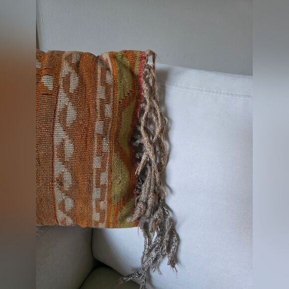Turkish Tapestry Fringe Rug Throw Pillow Small Muted Colors Orange 12x10 Boho - Picture 2 of 9